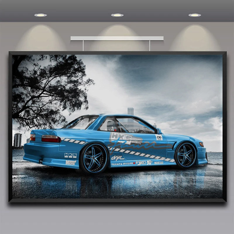 Cool Blue Nissan Silvia S13 Drift Low Lying Pneumatic Jdm Sports Car Canvas Poster Print Painting Wall Home Living Room Decor