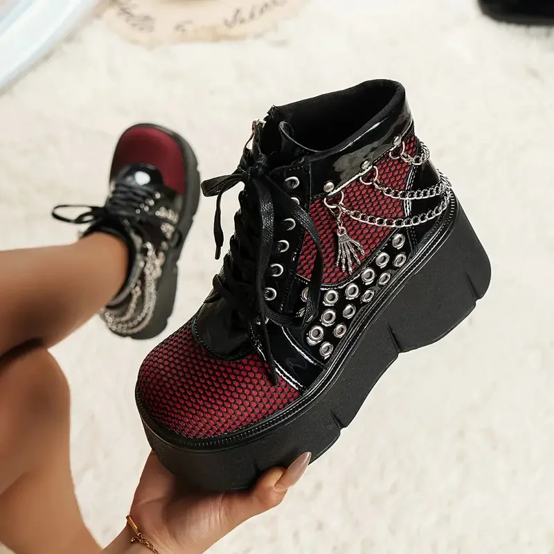 

Women's Y2K Punk Goth Platform Ankle Boots Fashion Chain Round Hole Wedges High Heels Thick Bottom Cosplay Boots Woman
