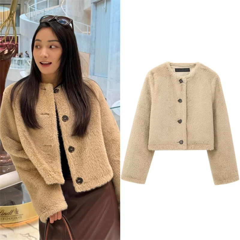 

Женская куртка, осень 2021, новый стиль, хаки, короткая куртка с длинными рукавами и эффектом искусственного меха, повседневная мода