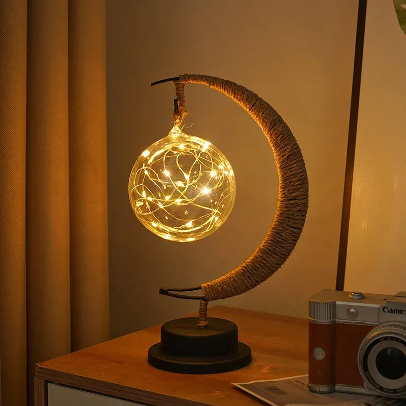 New Star Moon Lamp Apple Vine Ball Creative Desk Lamp Hemp Rope Iron Art Decoration Romantic Atmosphere Nightlight