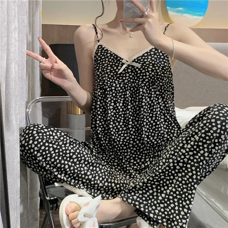 

Korean Sweet Girl Summer Floral Print Thin Home Clothes Set Women's Strap Vest Top with Chest Pad Casual Cotton Sleepwear
