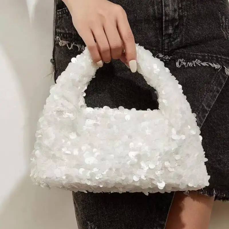 Bolso de mano con lentejuelas blancas para mujer, bolso de cubo brillante, elegante bolso de mano de noche para fiesta de boda, bolso pequeño exquisito para mujer