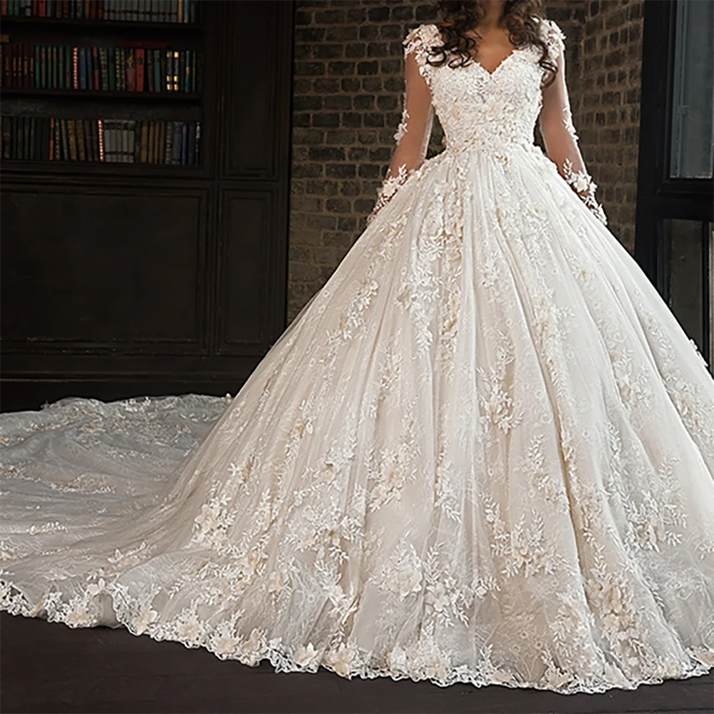 

Luxury V-Neck Appliques Lace Full Sleeve Pleat A-Line Bride Wedding Dresses Bridal Gowns Customized