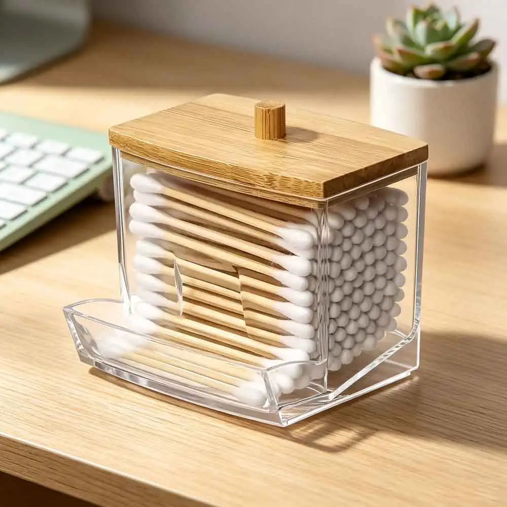 vvocci Storage Box Double Cotton Swab Toothpick Organize Box Swab Head Cotton Buds Container Transparent Square Bamboo Cover