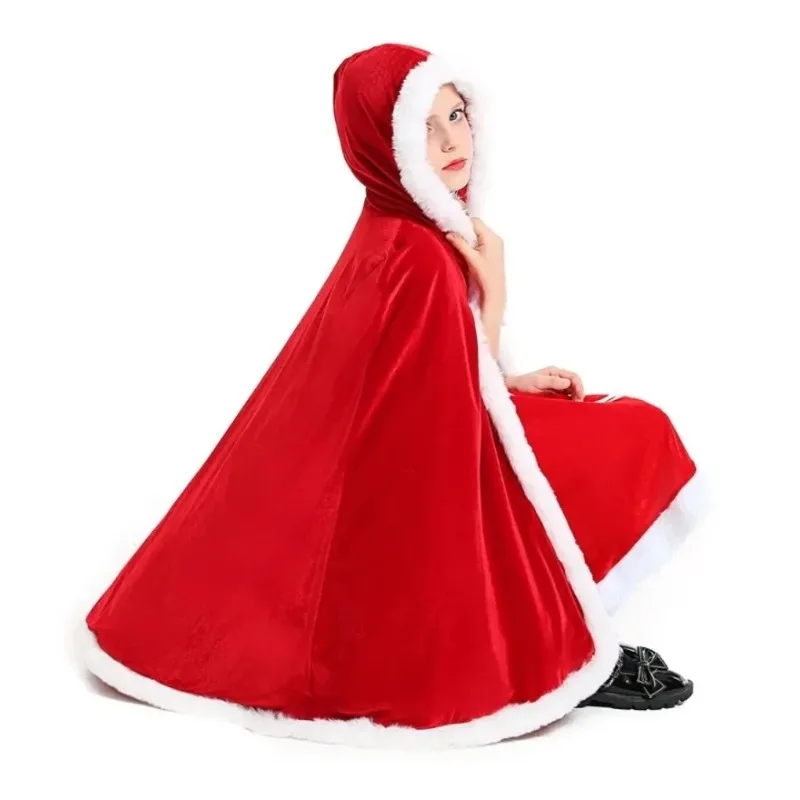 Capa de Navidad Roja para Niños con Borde de Piel Blanca y Capucha, Vestido con Botones Chinos de Rana, Disfraz para Fotos Navideñas