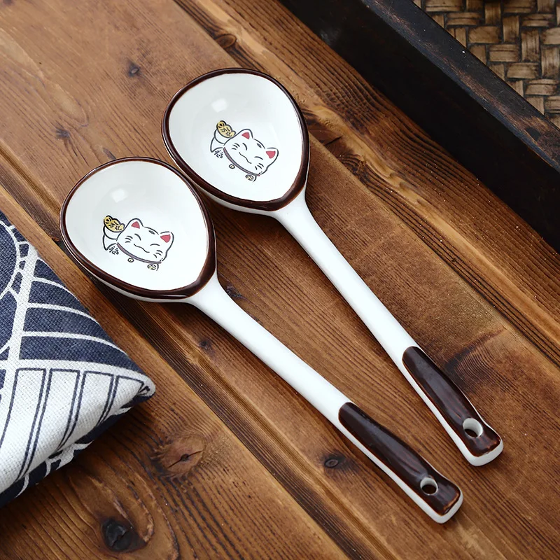 Japanese Ceramic Spoon Household Soup Dessert Mixing scoop Hand Painted Cute Cartoon Cat Coffee Scoops Rough Pottery Soup Spoon