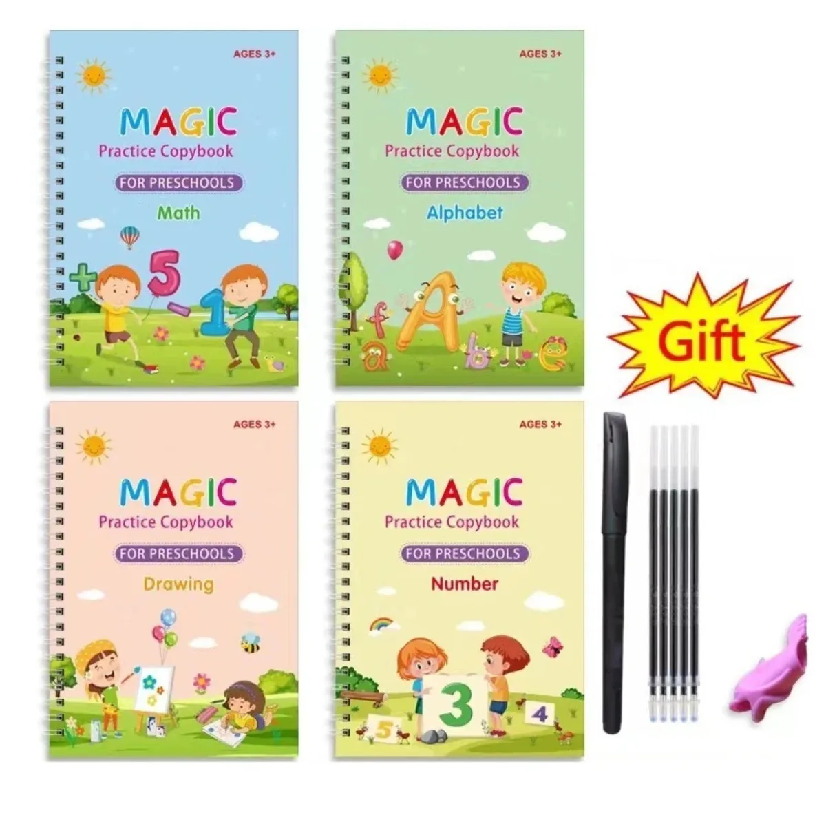 4Pcs Magic Groove Practice Copybook Reusable Writing Book Uses For Preschool English Calligraphy Free Wiping Learning
