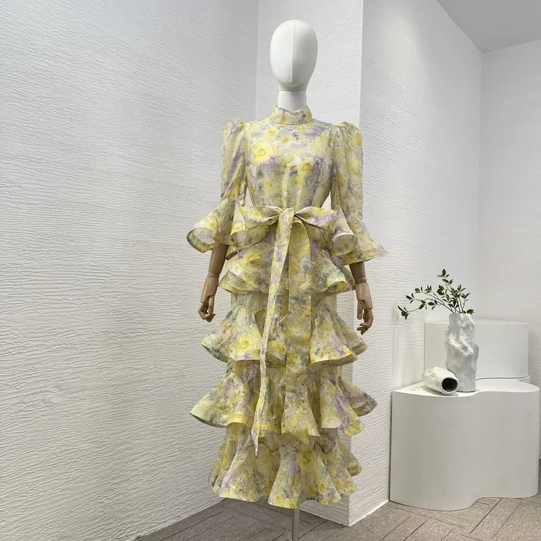 2024 New High Quality Silk Linen Yellow Floral Print Flouncing Ruffles Cascade Turtleneck Bow Women Midi Dress