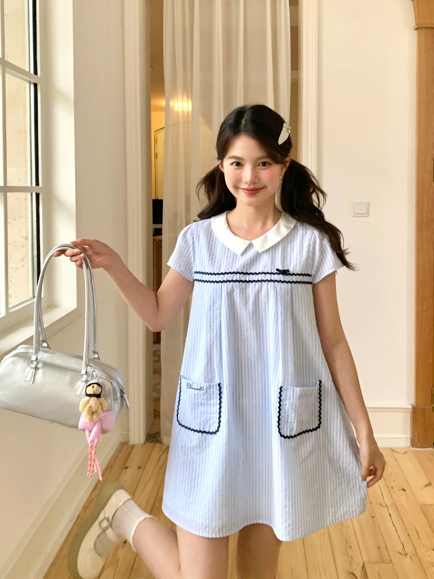 

Tokyo Sweet Style Jk Blue Striped Doll Dress Short Sleeve Women's Summer Cute Short Dress Casual Breathable Cotton A-Line Skirt