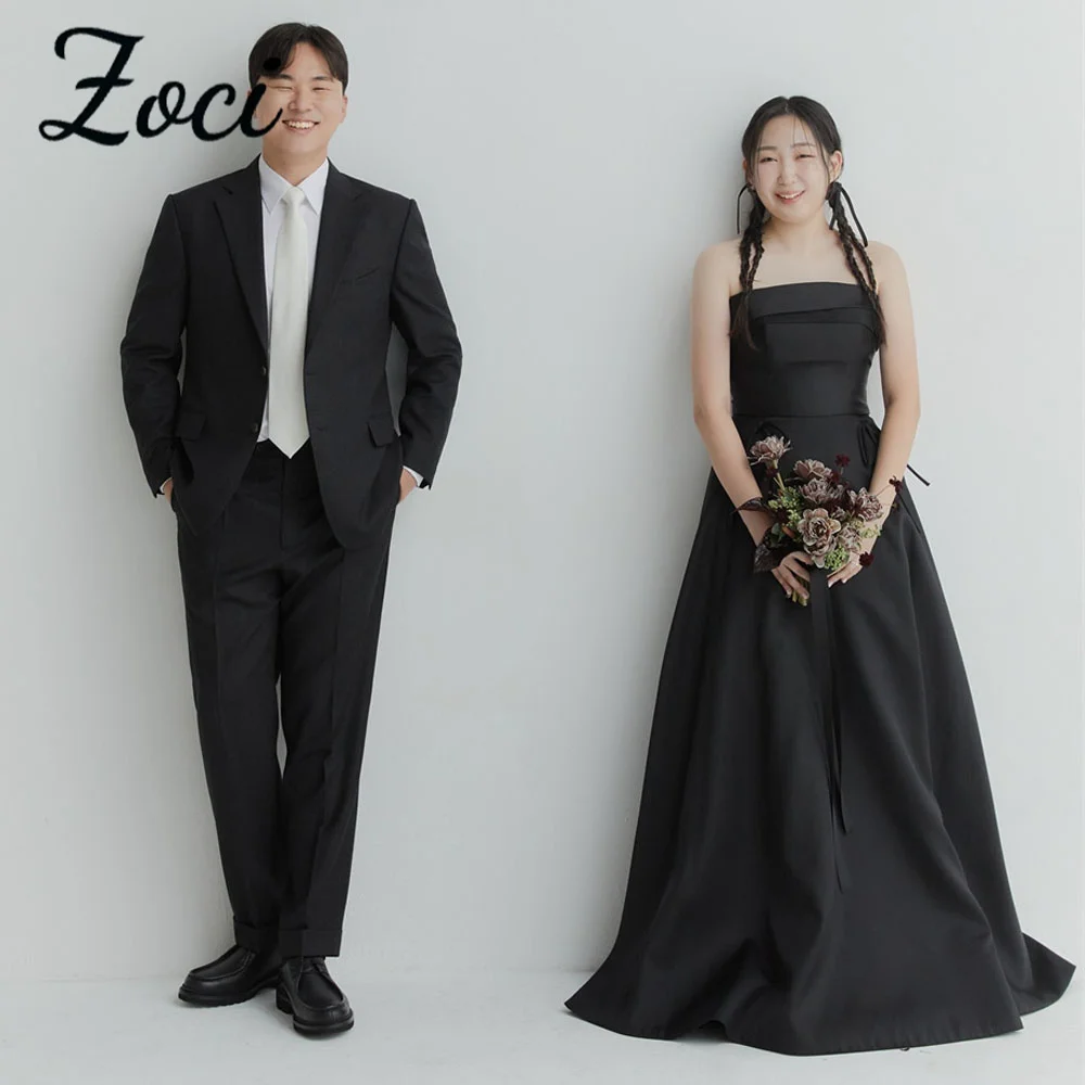 

Zoci Simple Strapless Satin A Line Korea Evening Dresses Photos Shoot Customized Black Sleeveless Bow Ribbons Wedding Party Gown