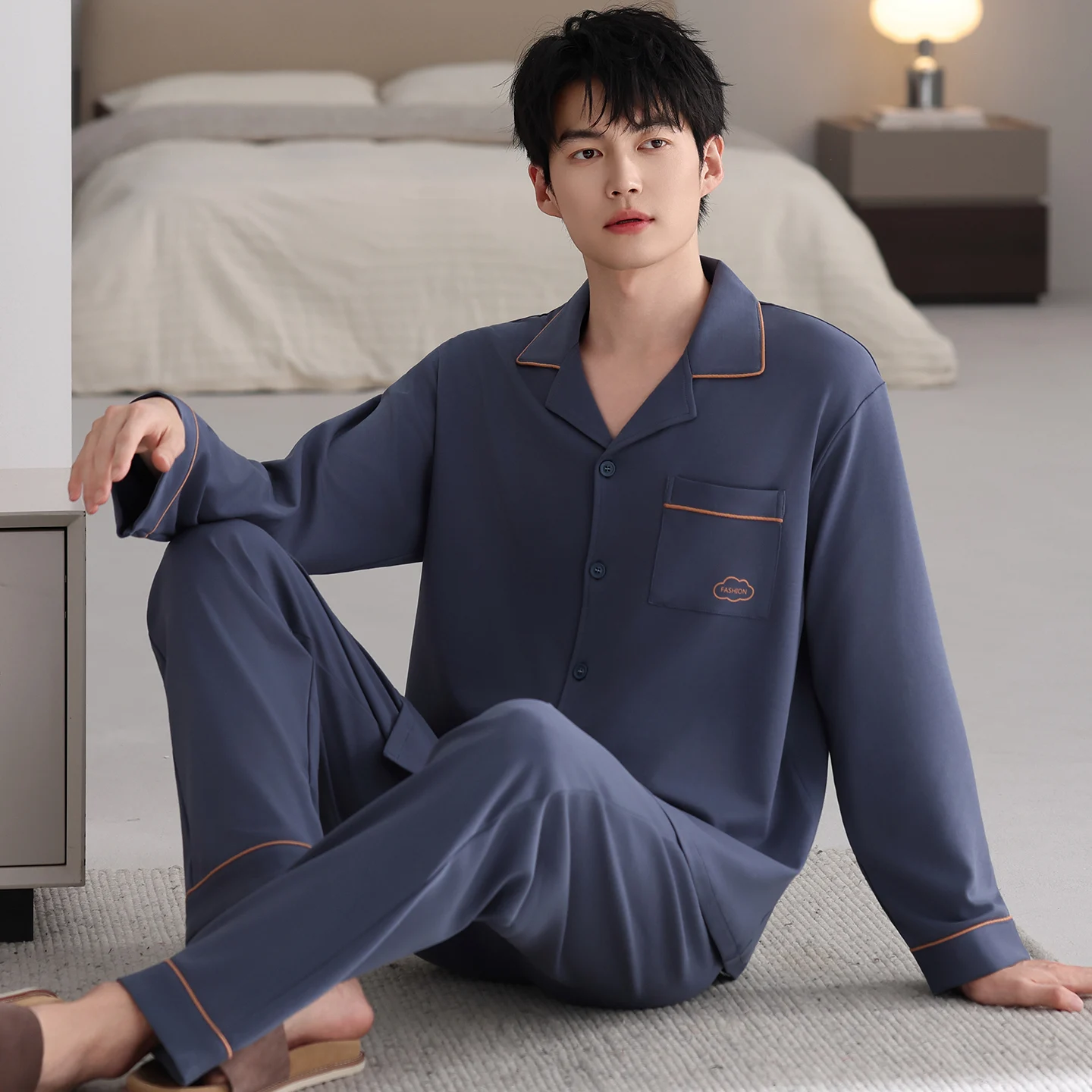 

Мужской пижамный комплект размера плюс L-6XL, 100% хлопок, одежда для сна с отложным воротником, мужская осенняя пижама с длинными рукавами