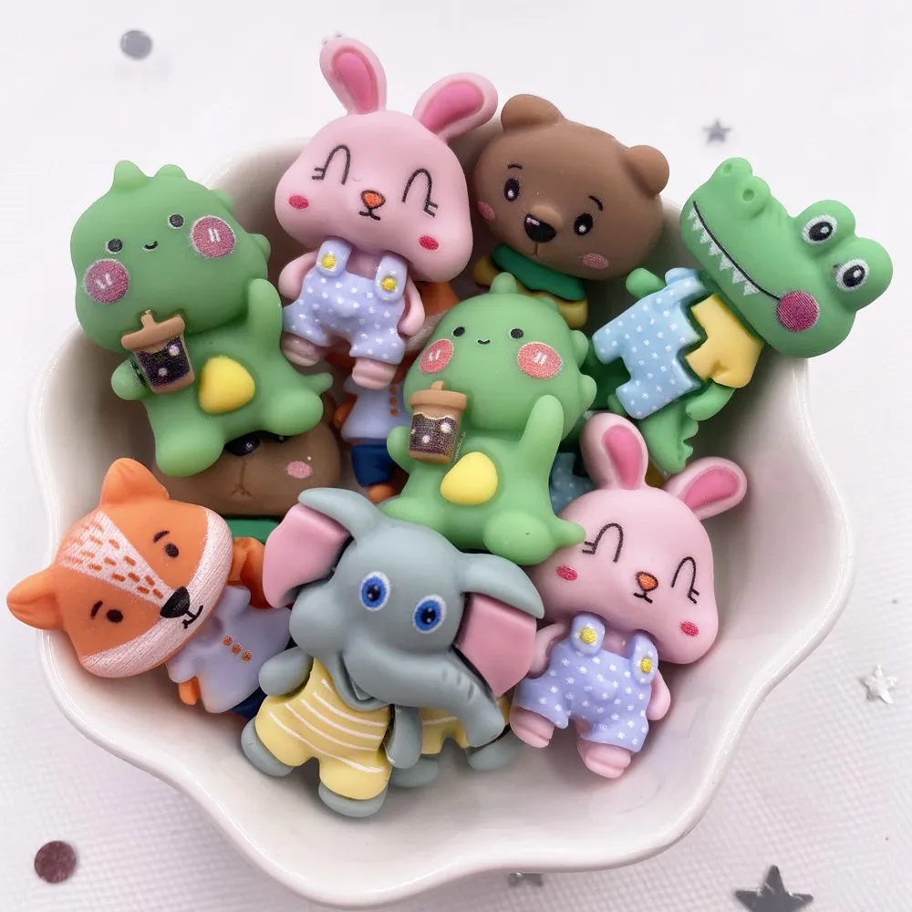 Hand Painted Resin Kawaii Colorful Rabbit Elephant Fox Bear Dinosaur Flatback Stone Figurine 12PCS Scrapbook DIY Decor Crafts