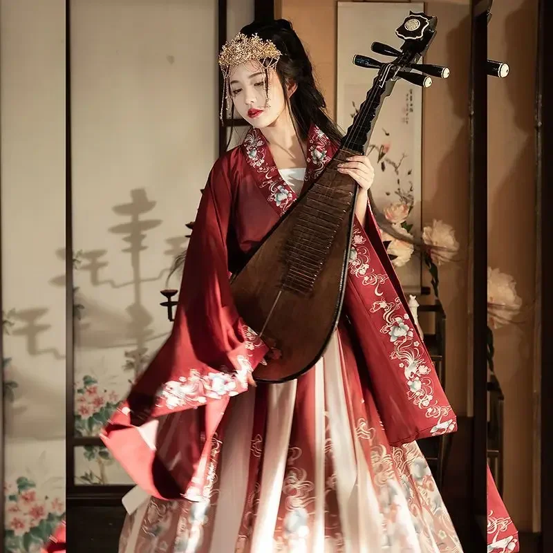女性用、刺繍が施された伝統的なハロウィーンカーニバル、結婚式、コスプレ衣装に最適な、ヴィンテージ風の赤い漢服ドレス。