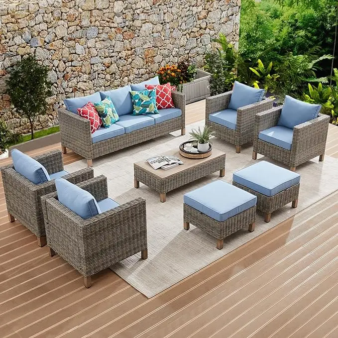 8 Pieces Patio Furniture Sets with Metal Top Coffee Table,  Sectional Sofa Outdoor Furniture Conversation Set