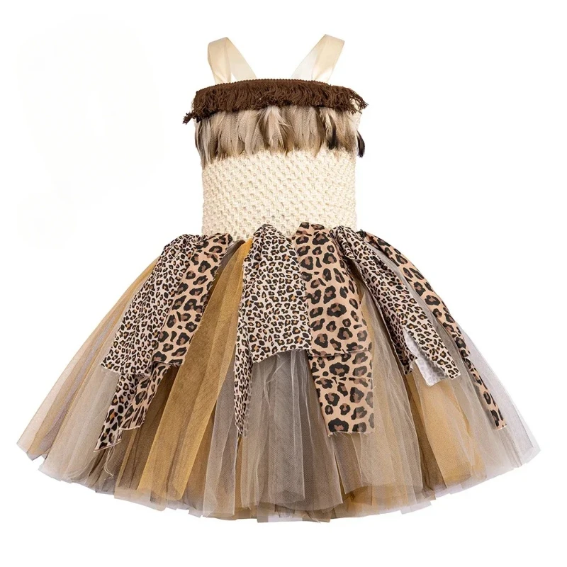 Girls Leopard Indian Indigenous Costume Savage Primitive Caveman Tutu Dress for Kids Halloween Carnival Jungle Party Clothes