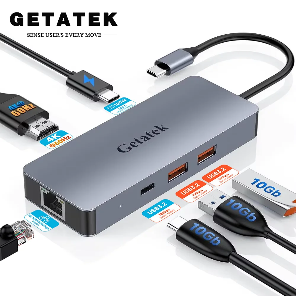 Getatek 6 in 1 USB C Docking Station Multiport Hub 4K 60Hz HDMI USB3.2 PD100W RJ45 Adapter for MacBook Pro Laptop iPad