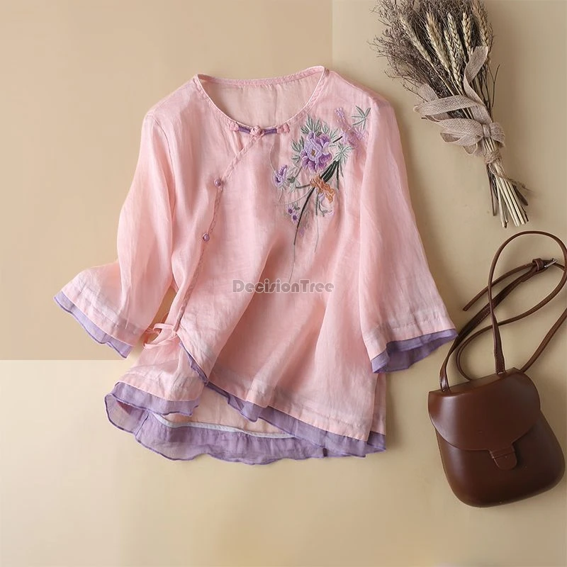 

2024 chinese ethnic embroidery cotton linen top loose comfortable cool lady blouse retro sweet lace patchwork improved qipao top