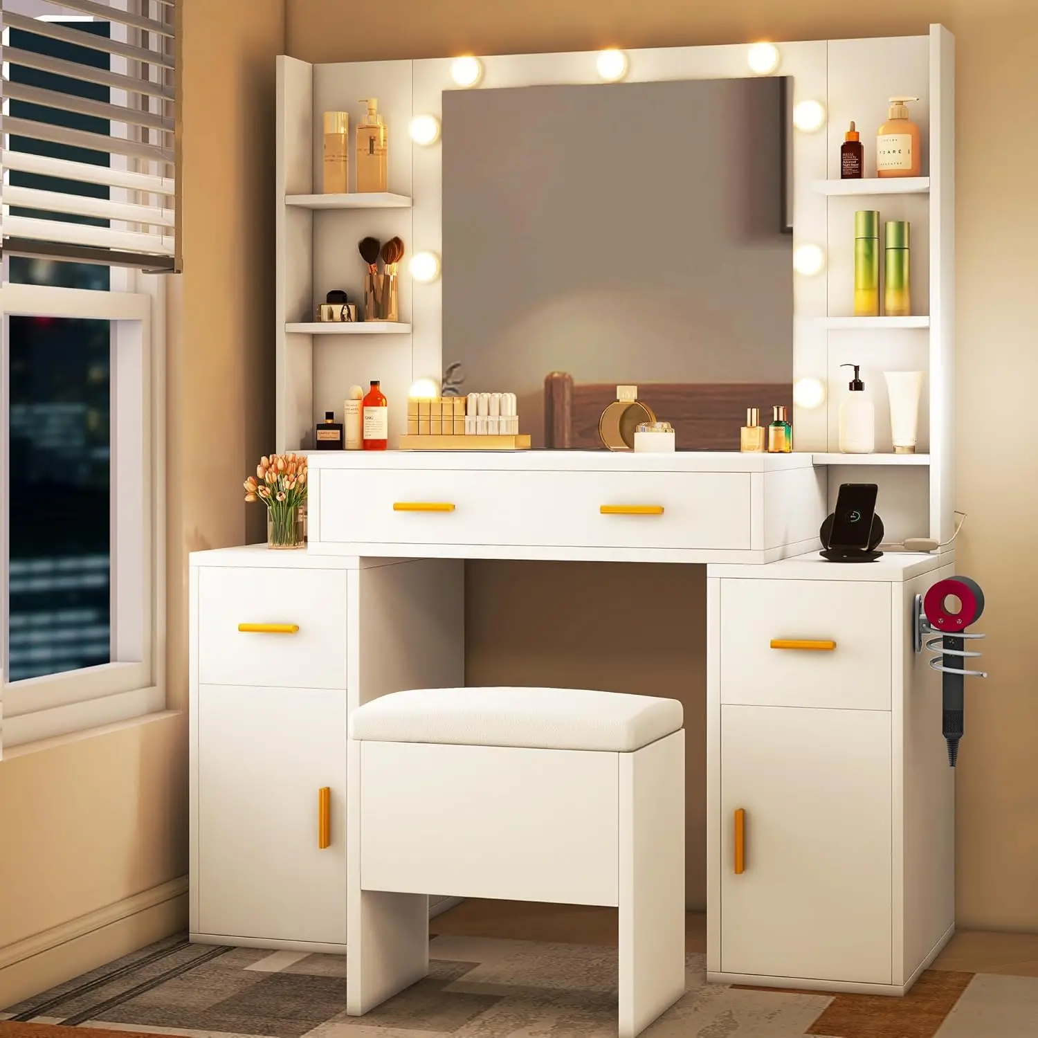 Vanity Desk with Mirror and Lights, Makeup Vanity Set with Shelf and Drawers, Large Dressing Table with Charging Statio