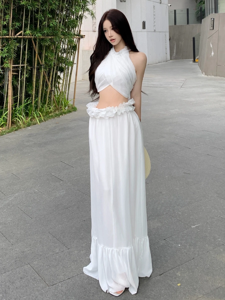

Sexy Backless High Waist Ruffle Short Sleeve Top And Long Skirt Two Piece Set for Women Summer Fashion Casual Wear