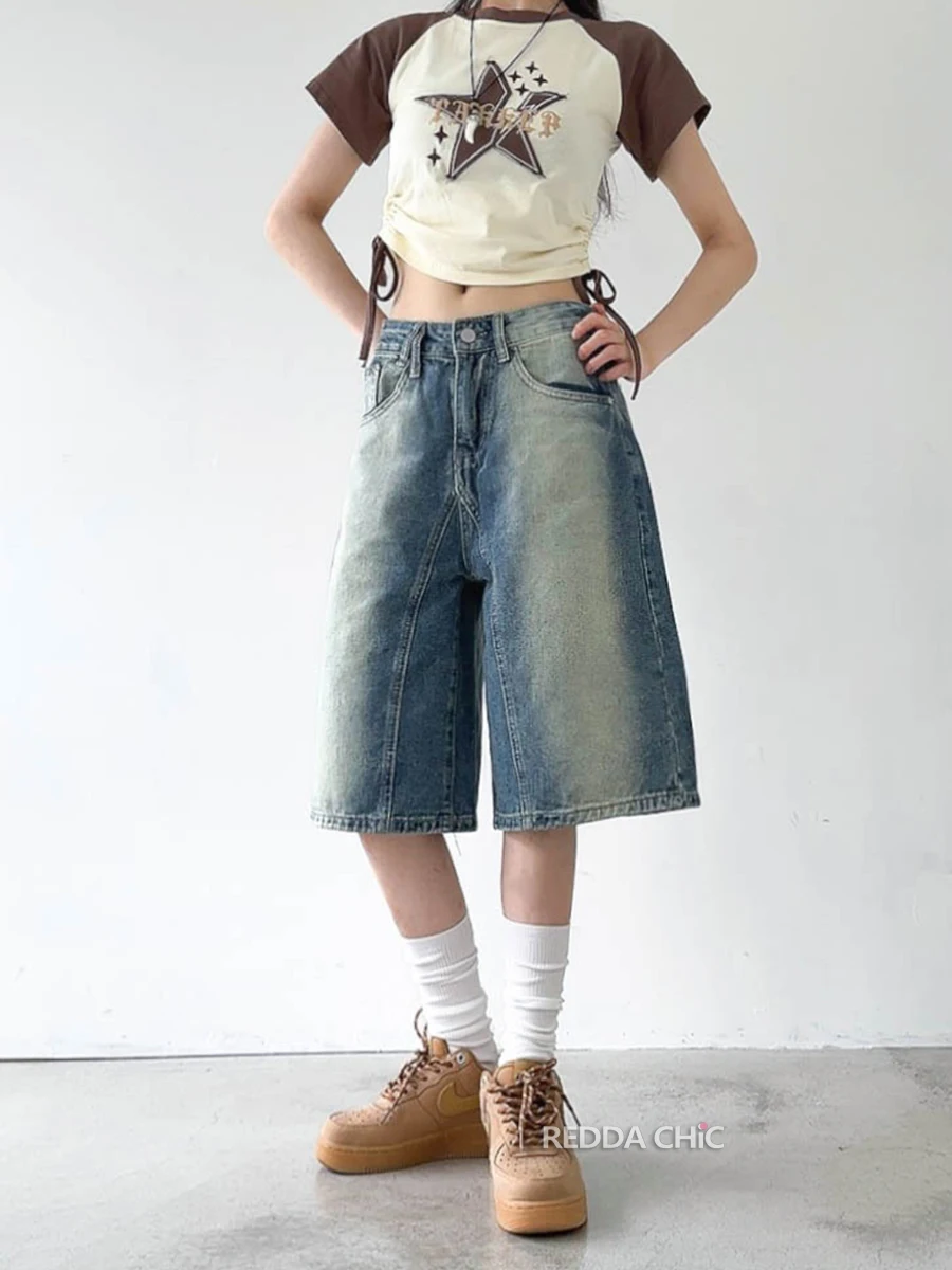 ReddaChic Vintage Blue Gradient Denim Shorts Women High Rise Wide Leg Casual Pants Baggy Jorts Unisex Trousers Y2k Streetwear