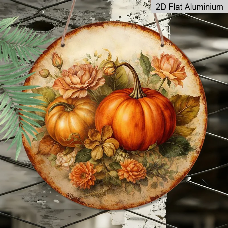 2D Flat, 1pc Vintage Aluminum Sign Autumn Pumpkin Wall Decor, Round Farmhouse Harvest Plaque with English Text, Cafe Decor