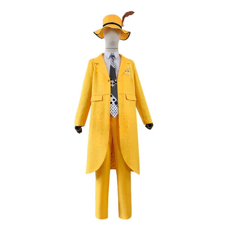 زي تنكري لفيلم القناع JimCarry زي أصفر للحفلات الكرنفالية قبعة قناع أخضر ملابس دعائم المهرج للهالوين