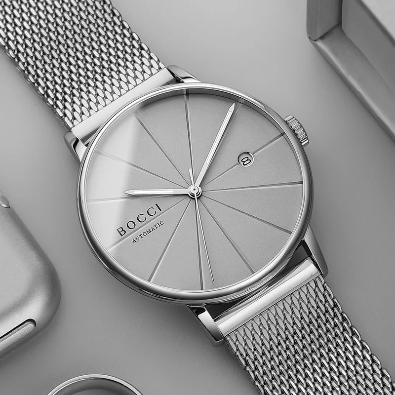 

Мужские минималистичные часы BOCCI, японский автоматический механизм, корпус из нержавеющей стали, синтетическое сапфировое стекло, стиль Bauhaus