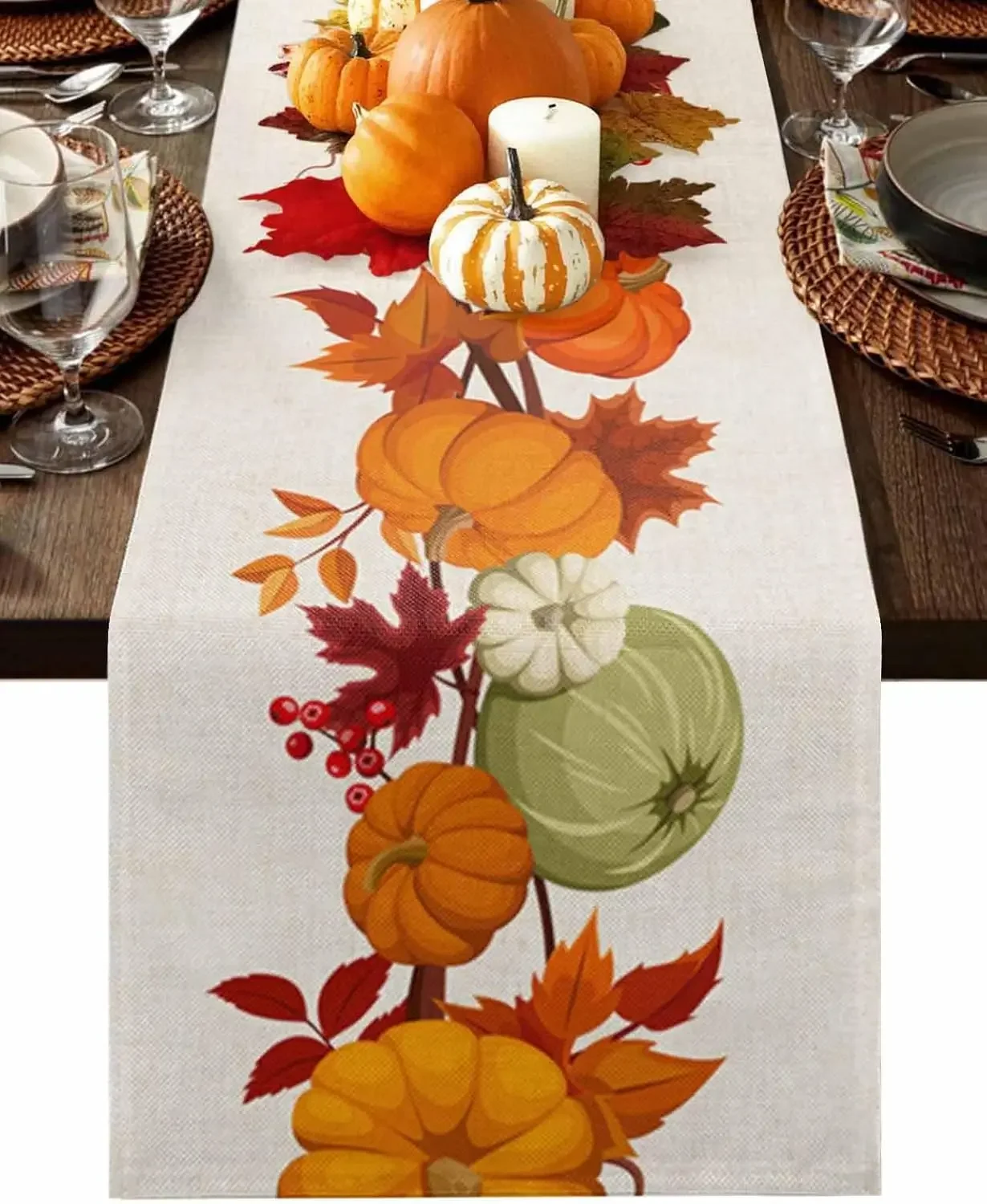 Thanksgiving Pumpkins Maple Leaves Linen Table Runner Dresser Scarves Farmhouse Kitchen Dining Table Runner Party Decorations