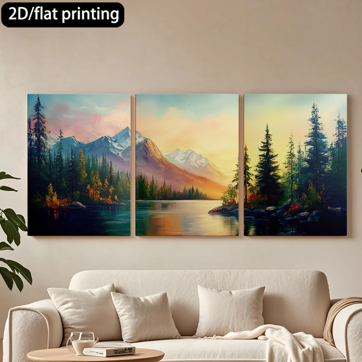 

3pc wooden frame canvas decorative paintingSerene mountain-lake, forest, soft sky.Corridor bedroom decoration