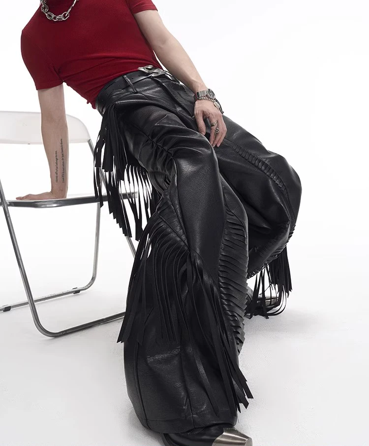 Mauroicardi Spring Autumn Cool Long Fringed Black Pu Leather Pants for Men Tassel Luxury Designer European Clothes Streetwear