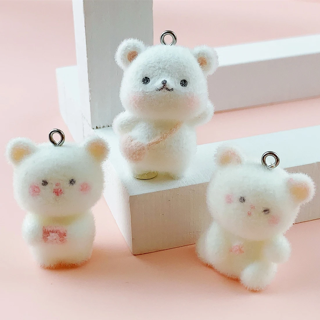 30pcs 3D Flocked dolls Charms Cartoon Animal Resin bear Pendant for Bag Keychain Earring Necklace DIY Crafts Jewelry Make