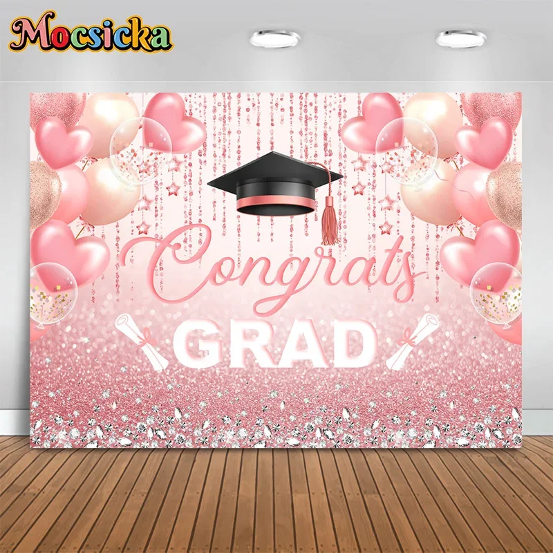 Mocsicka Cute Girl Graduation Party Photography Background Pink Love Glitter Bachelor's Cap Backdrop Student Portrait Studio