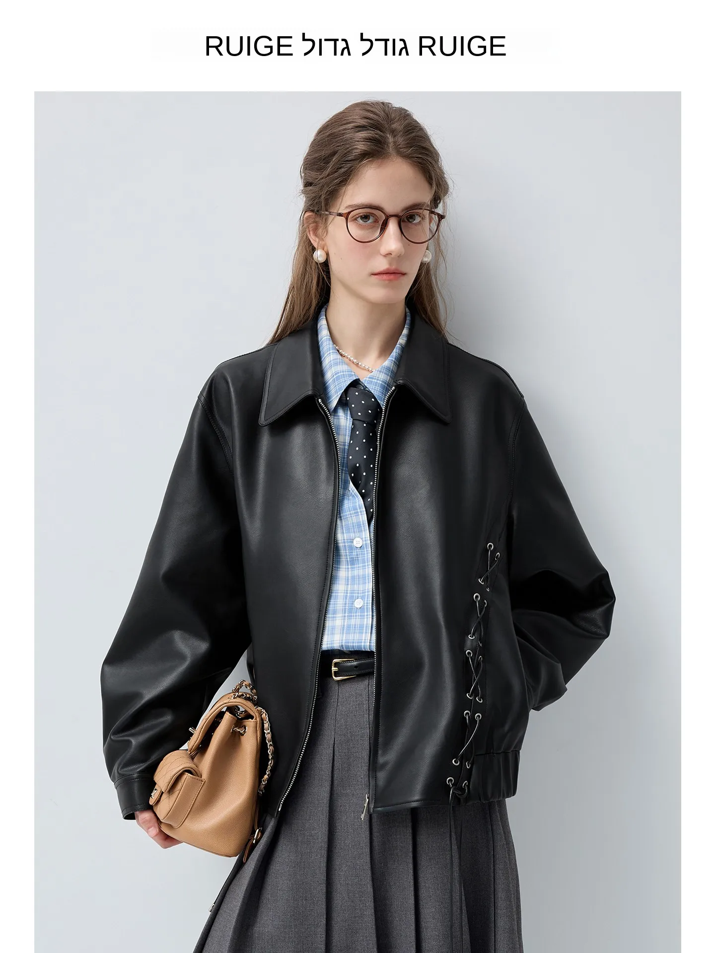 

Sweet Cool Motorcycle Leather Jaet Women's Dstring ort Coat New Spring Loose plus Size MM Top Commute Casual Sle