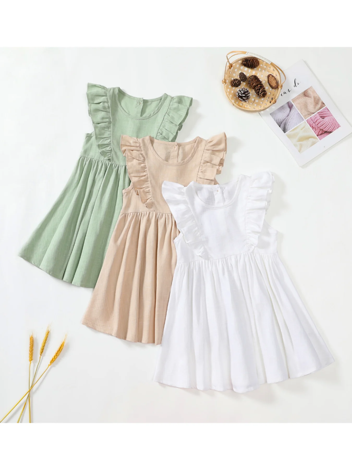 European and American Casual Girs\' Dress Summer Solid Color Cotton and Linen Versatile Cute and Sweet