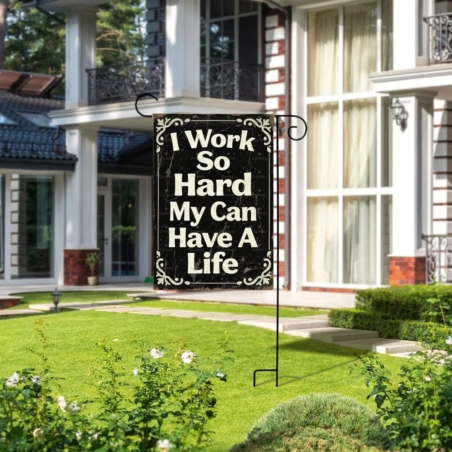 علم الحديقة "أنا يعمل بشدة جدًا حتى قطتي يمكن أن تتمتع حياة أفضل" مزدوجة الجوانب 12 × 18 في الخيش الصغير ديكورات للباحة الموسمية fo AAO #5