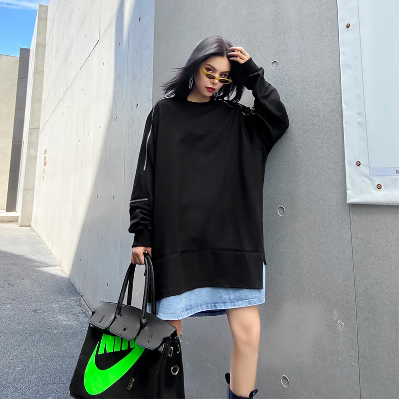 여성 캐주얼 빈티지 데님 패치워크 라운드넥 지퍼 스포츠웨어 루즈핏 스웨트셔츠 2025 가을 상의