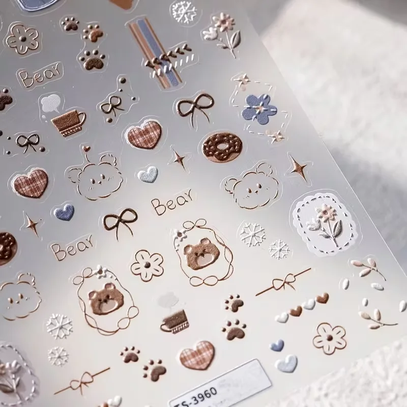 Vintage und niedliche Bären-Nagelsticker, geprägte Nagelkunst-Designs, Nageldekoration, selbstklebend – Detail 4