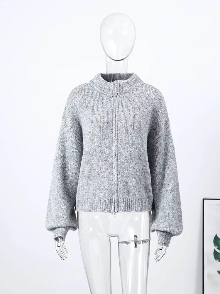 

Casual Spring Knitted Sequined Cardigan For Women Fashion Long Sleeve Zipper Solid Female Loose Coat Lady Streetwear 2026