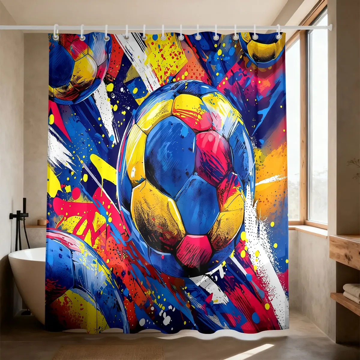 1pc Color Basketball Printed Waterproof Shower Curtain Partition Privacy Hanging Curtain, 12 Hooks, Multiple Sizes