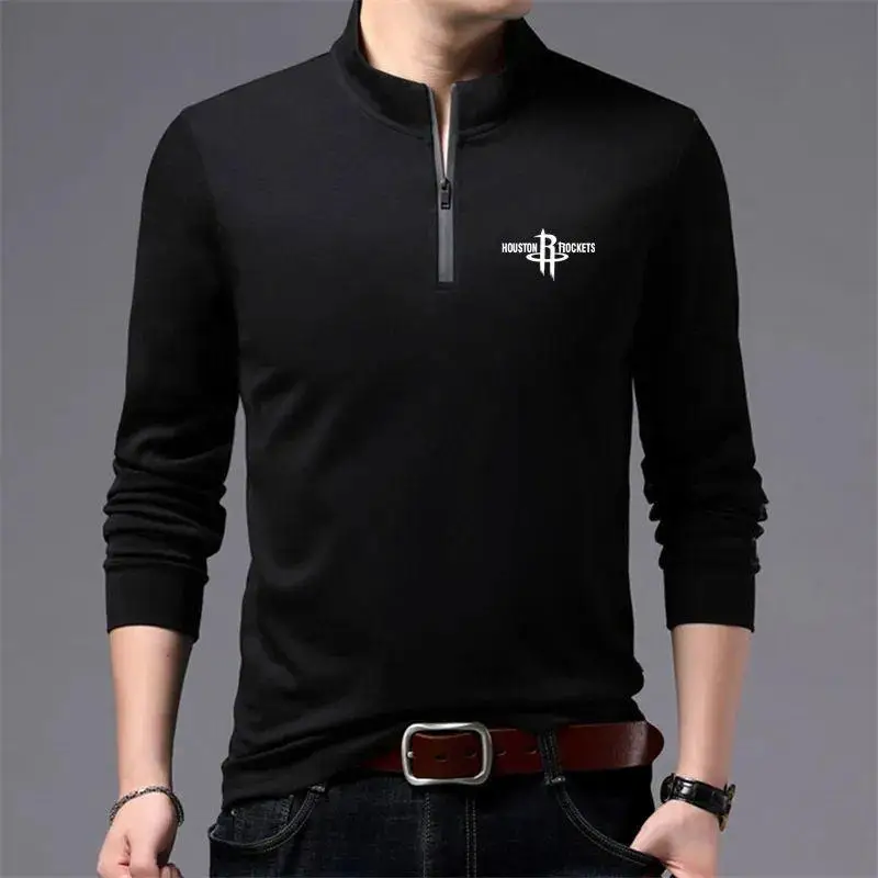 Business Casual Men Solid Zippers Polo Shirts Spring Autumn Male Clothes Long Sleeve Loose Stand Collar Fashion Versatile Tops