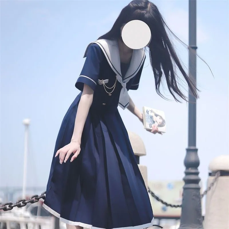 Japanese Department College Jk Uniform Students Sweet Sailor Dress Slimming Blue and White Sailor Dress Women Dress Summer