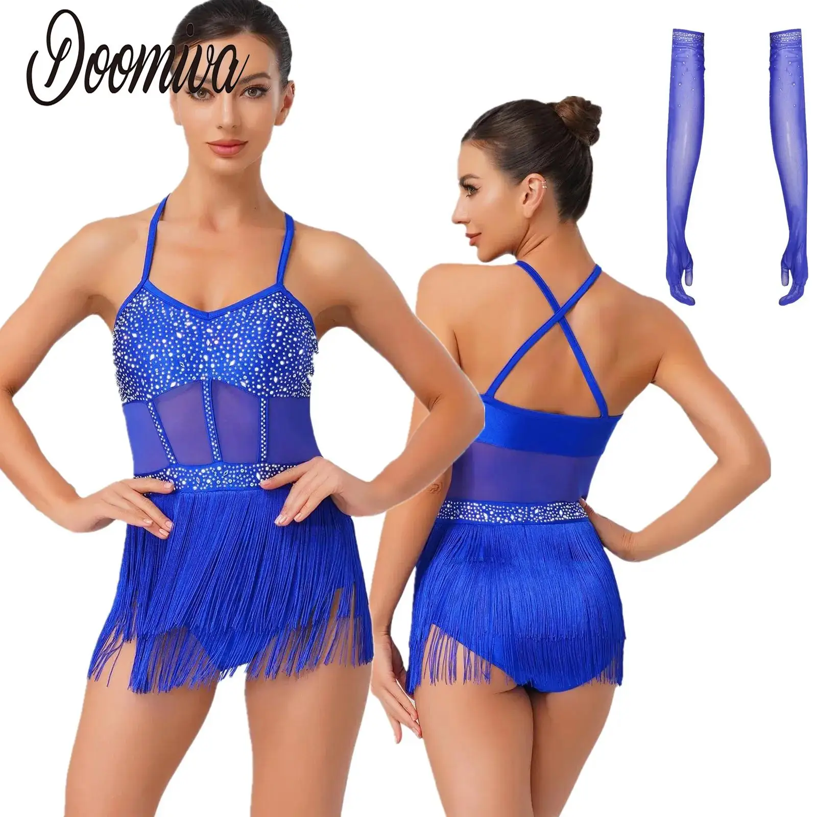 

Women Rhinestones Latin Dance Costumes Tassel Gymnastics Leotards Bodysuit Tango Salsa Jazz Performance Fringed Jumpsuits Gloves