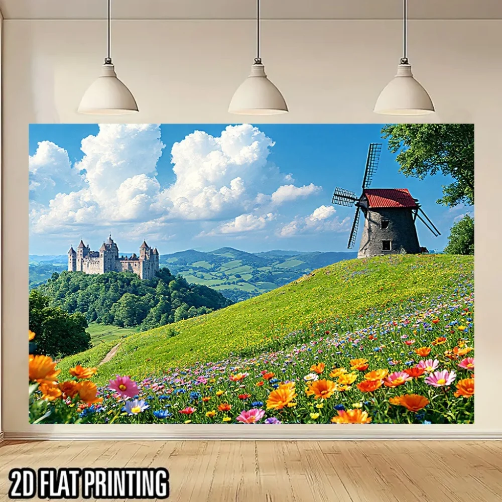 1pc Fairytale Windmill & Floral Meadow Scene Wall Banner - UV Printed Polyester Backdrop with Vibrant Dutch Windmill, Greenery &