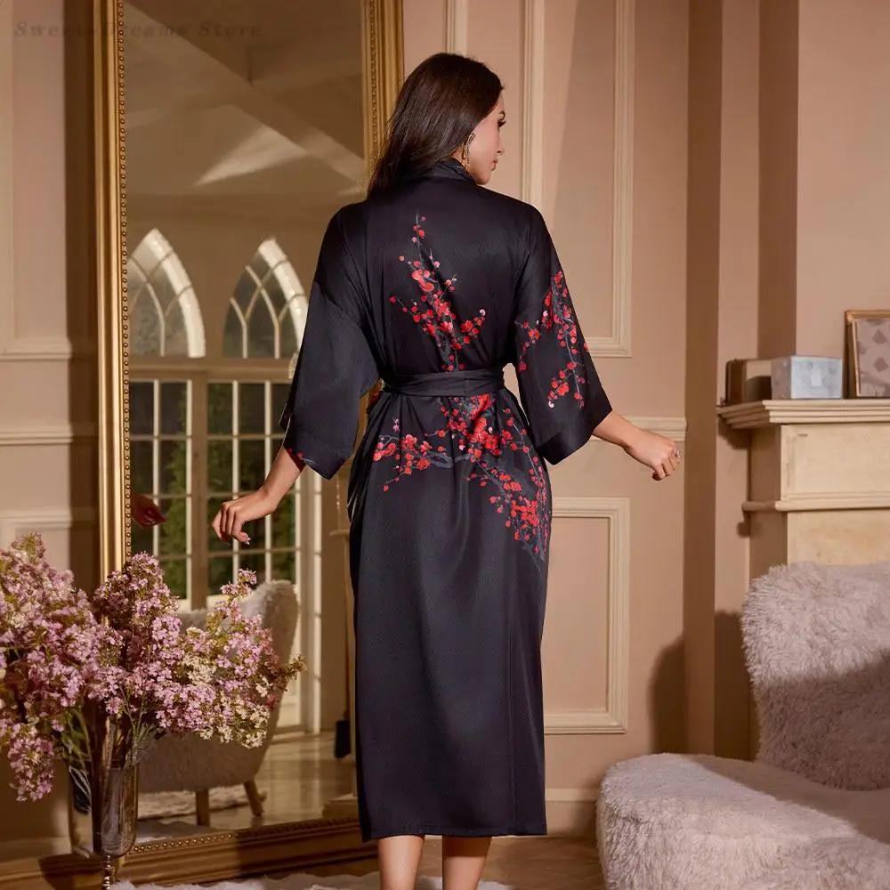 Red Bride Wedding Robe Long Kimono Bathrobe Nightgown Female Spring Summer New Satin Sleepwear Home Clothes Loose Loungewear 6