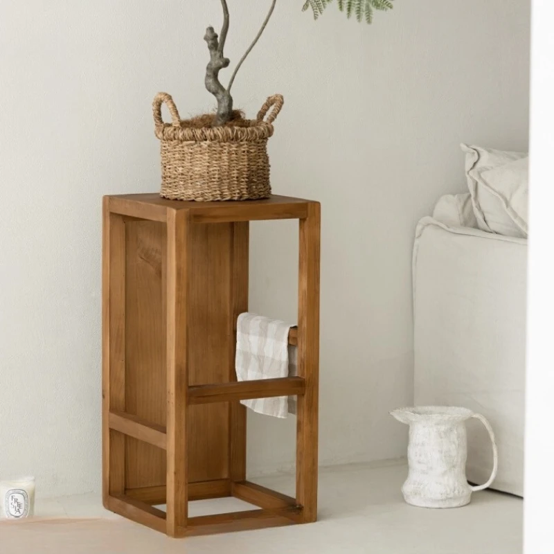 Solid Wood Multi-Functional Side Table Rustic Bedside End Table Movable Plant Stand Organizer Small Spaces Entrance Shoe Bench