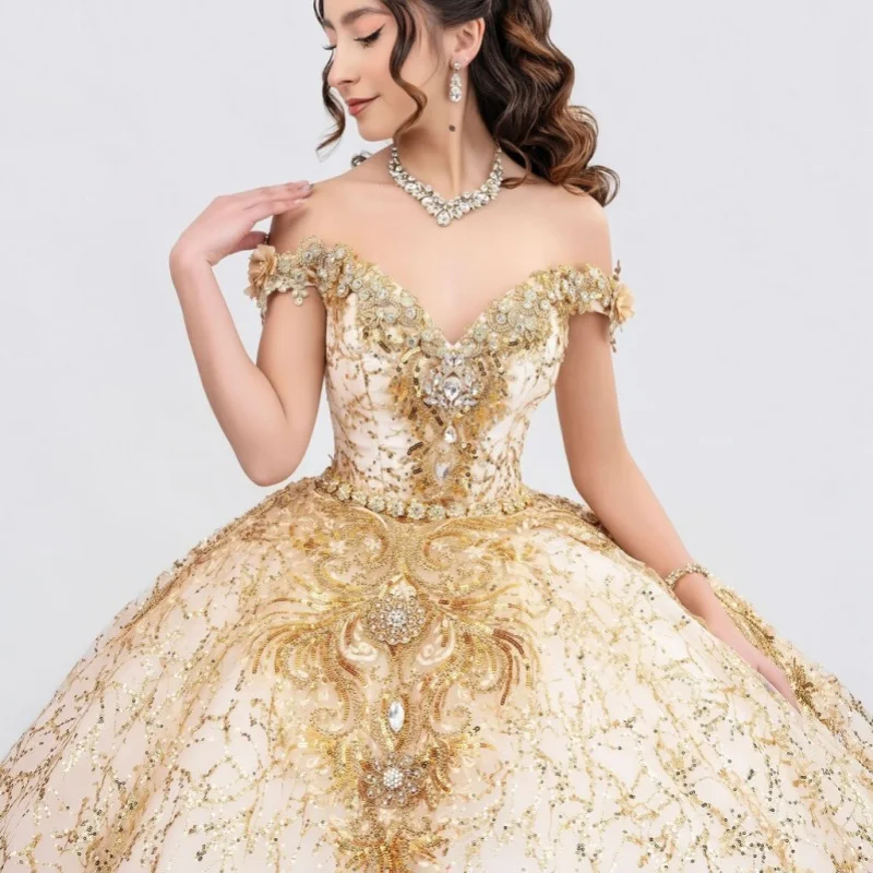 

Shiny champagne Quinceanera Dress off-shoulder crystal Decal gold sequins Long tail Vestidos De 15 Quinceanera ﻿Customize