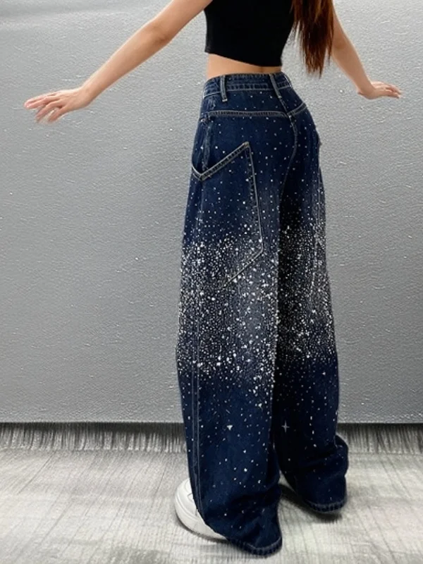 

Faionable Sparkling Heavy Du, прямые джинсы-бананы с высокой талией, женская одежда, универсальная повседневная одежда с широкими штанинами