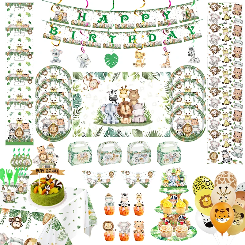 Animali della giungla decorazioni di compleanno piatti tazze tovaglia di paglia sfondo di palloncini forniture per feste di compleanno per bambini