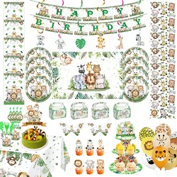 Animali della giungla decorazioni di compleanno piatti tazze tovaglia di paglia sfondo di palloncini forniture per feste di compleanno per bambini Baby Shower