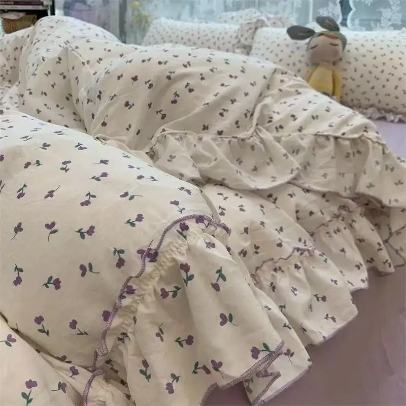 Koreanischen Stil Prinzessin Floral Bettwäsche Set Gewaschene Baumwolle Vintage Französisch Pastoralen Blumen Spitze Rüschen Bettbezug Set Kissenbezug – Detail 10